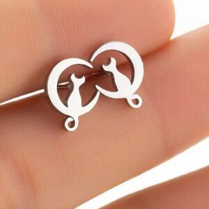 Stainless Steel Cat Moon Stud Earrings